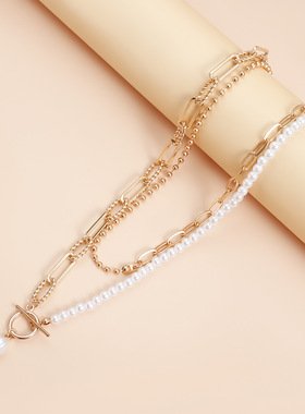 双层叠戴OT扣饭珍珠吊坠