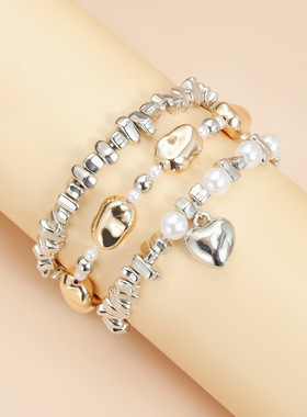Norns欧美钢铁未来感科技感小众爱心珍珠串珠手链拼接风手饰套装