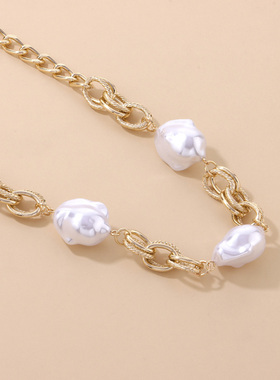 欧美大气几何珍珠拼接锁扣项链