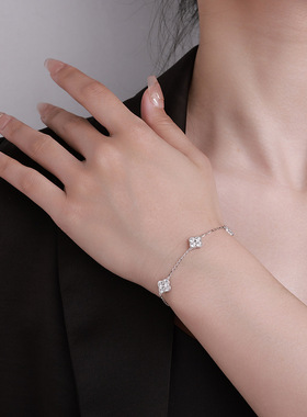 闪亮s925纯银四叶草莫桑石小众ins风手饰百搭新潮手链手链ins风