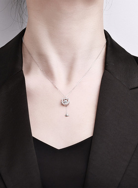 s925纯银猫咪与鱼项链灵动莫桑吊坠甜美女式小清新锁骨链高级项链