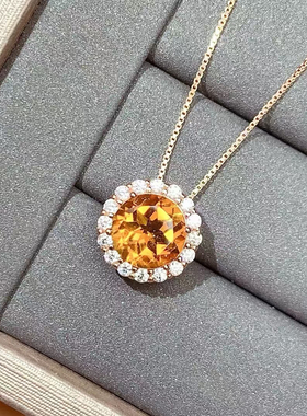 天然黄水晶吊坠925银镶嵌黄水晶吊坠黄水晶挂坠黄水晶项链圆8mm