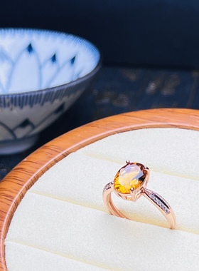 巴西黄水晶 戒指 925 银 电镀玫瑰金镶嵌 活口戒指可以调节大小