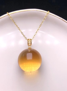 18k金扣镶嵌天然巴西黄水晶转运球吊坠 送925银链16.4mm 6.3g