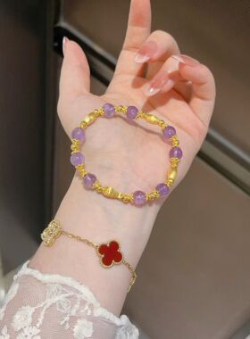 DIY足金999紫水晶手串足金拉丝小金鱼+足金转运珠！整套足金