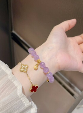 足金999点钻葫芦+四叶草屁屁爱心天然紫水晶手串（整套足金配件）