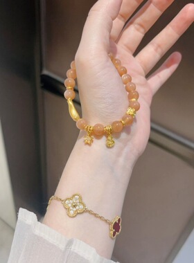 足金拉丝小金鱼足金星星葫芦手串（整套足金配件）天然太阳石 7mm