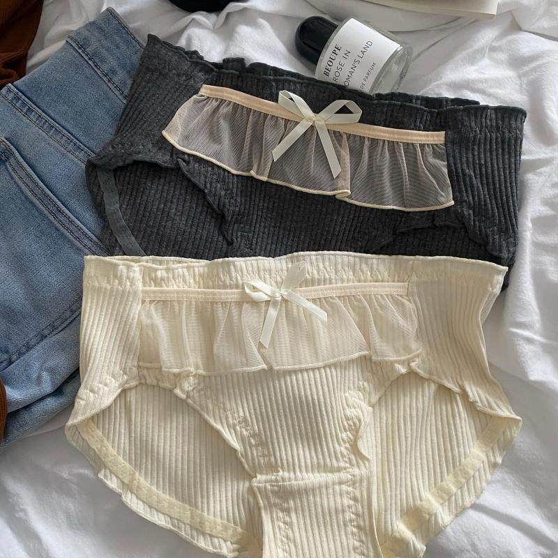 3条装 日系甜美网纱木耳花边蝴蝶结螺纹纯棉透气中腰女士三角内裤,淘宝优惠券,粉丝福利购,淘宝优惠卷