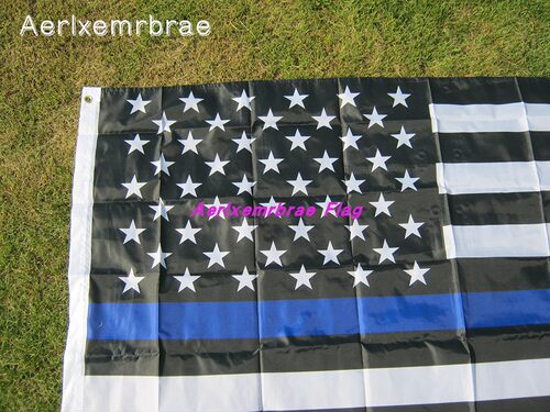 美国蓝条旗90x150cm黑色蓝条美国警察旗 Thin Blue Line Flag - 图0