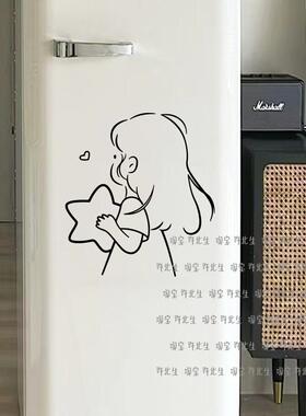 抱着星星的小女孩简笔画贴纸
