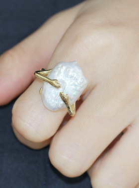 高档巴洛克珍珠戒指开口叶子复古