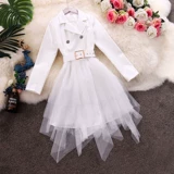 2022春夏新款OL气质西装领无袖双排扣拼接不规则网纱连衣裙女3903