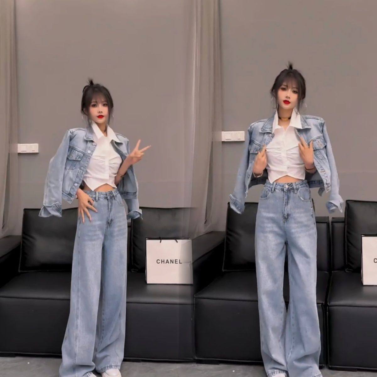 2026春季新款复古水洗牛仔短款夹克外套显腿长阔腿直简裤套装女,淘宝优惠券,粉丝福利购,淘宝优惠卷