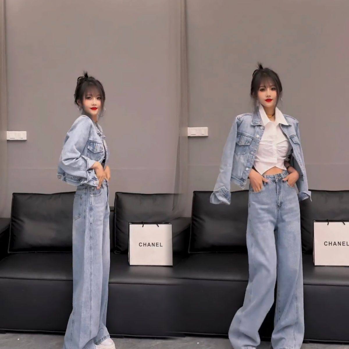 2026春季新款复古水洗牛仔短款夹克外套显腿长阔腿直简裤套装女,淘宝优惠券,粉丝福利购,淘宝优惠卷