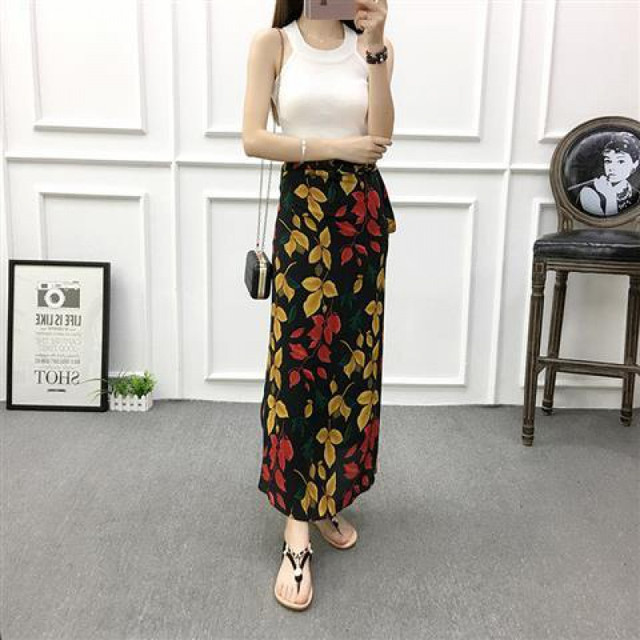 One-piece lace-up chiffon floral irregular skirt