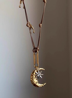 日月同辉”中古vintage月牙芒星蜡绳项链可调节百搭秋冬毛衣链
