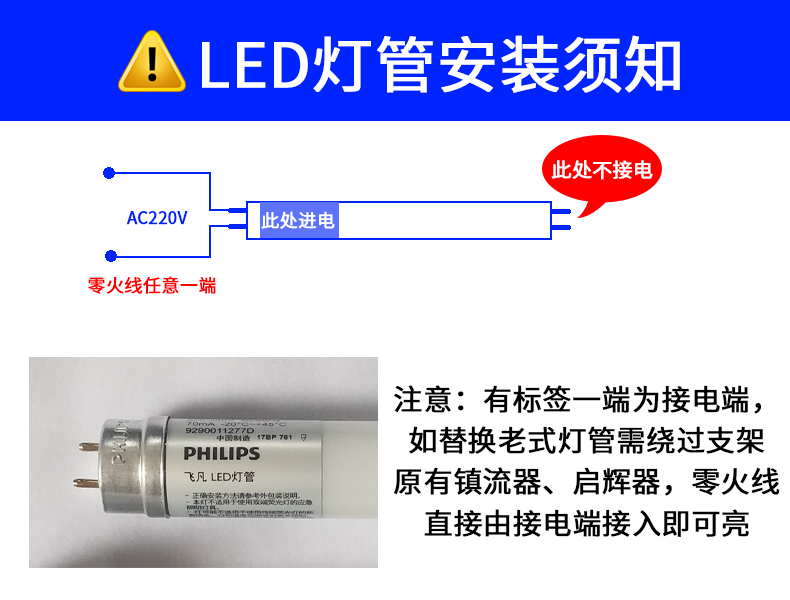 飞利浦T8LED灯管一体化0.6米8w1.2米16W日光灯管玻璃飞凡 - 图1