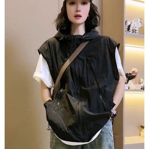欧货新款早秋马甲女薄款宽松休闲拉链无袖连帽显瘦马夹上衣潮 - 图0