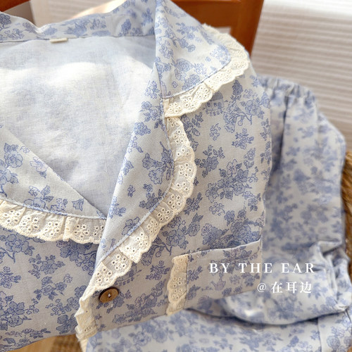 蓝调花房全棉双层纱睡衣春秋季田园小碎花纯棉长袖长裤家居服套装 - 图0