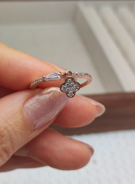 满19包邮 四叶草微镶锆石戒指女 叠戴时尚复古新中式指环食指中指