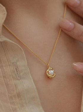 镀18K金法式轻奢淡水珍珠项链女 吊坠豌豆简约百搭女锁骨链简约
