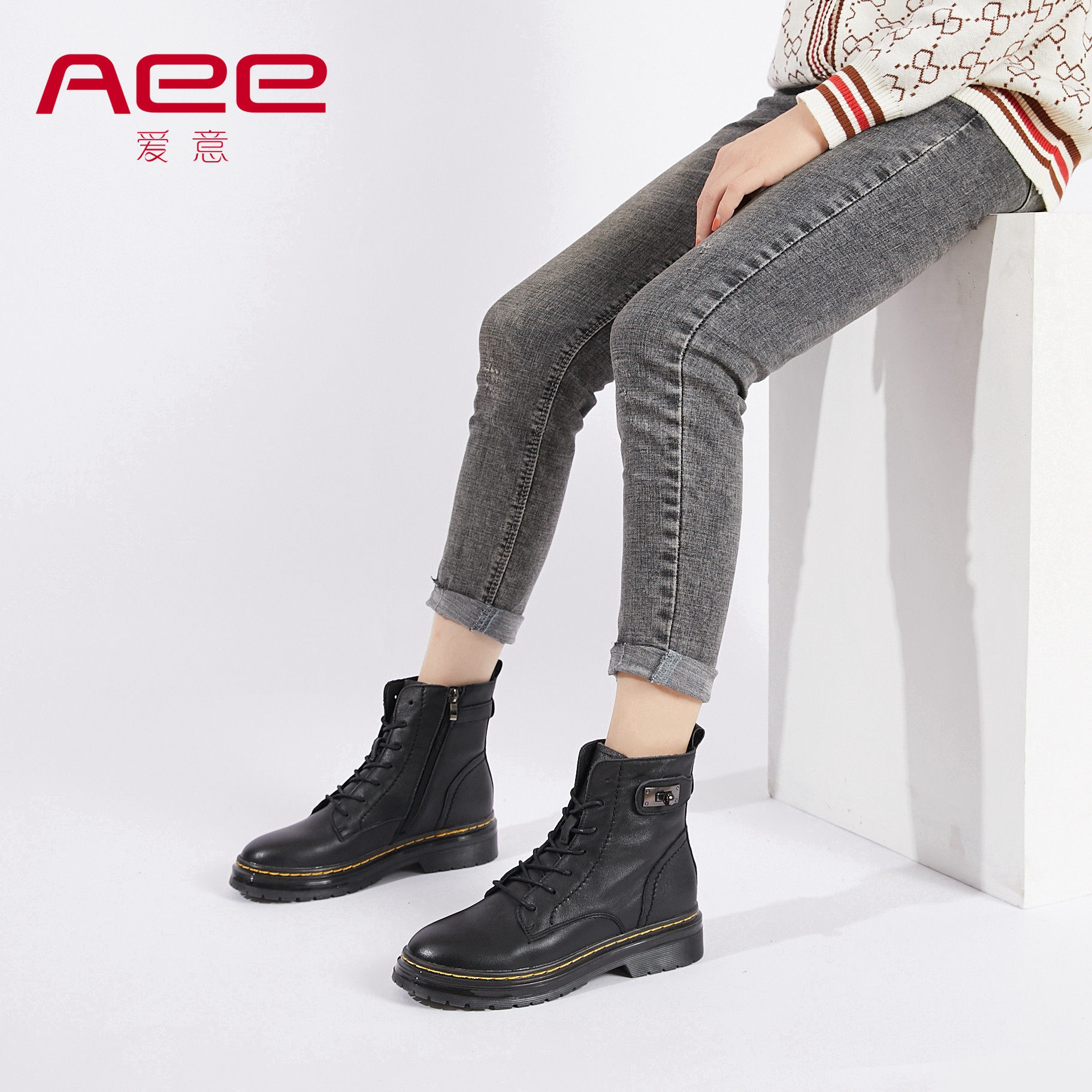 牛皮马丁靴秋冬Aee/爱意4120605016圆头低跟侧拉链短靴子女,淘宝优惠券,粉丝福利购,淘宝优惠卷