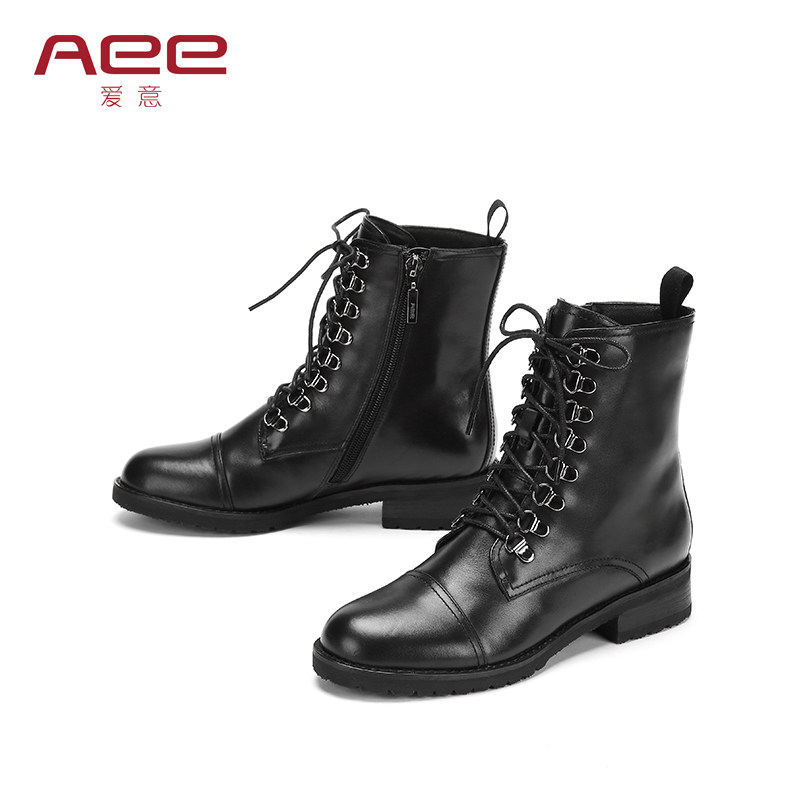 牛皮机车靴秋冬Aee/爱意低跟时尚侧拉链圆头短靴女靴子4119505324,淘宝优惠券,粉丝福利购,淘宝优惠卷