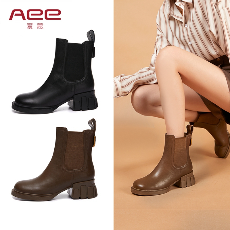 Aee/爱意切尔西靴子冬季新款马丁靴粗跟时尚短靴女烟筒靴牛皮 - 图0