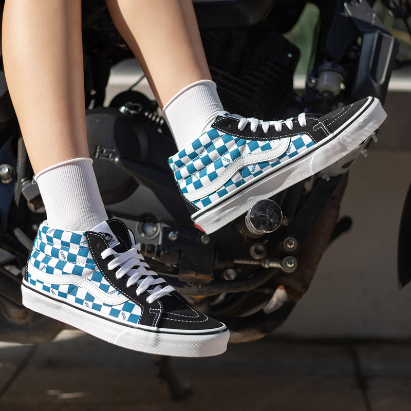 VANS范斯男女鞋SK8-Mid经典蓝白棋盘格舒适休闲鞋中帮板鞋滑板鞋 - 图2