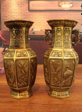 仿古风松鹤延年大吉有鱼铜花瓶