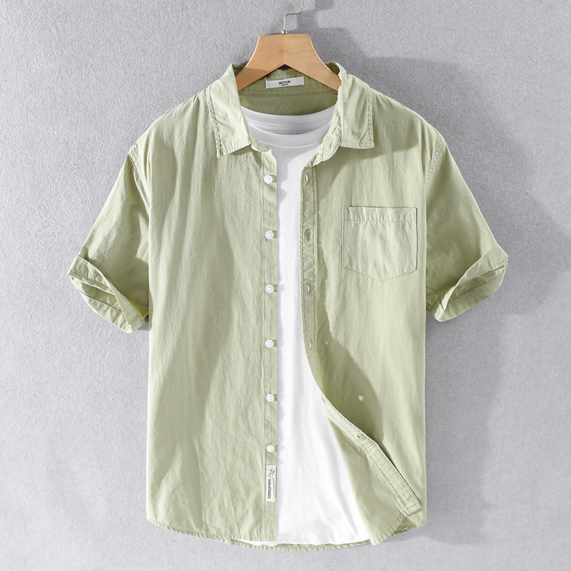 男士夏季薄款休闲时尚潮流纯棉短袖衬衫套装流行帅气纯色衬衣上衣