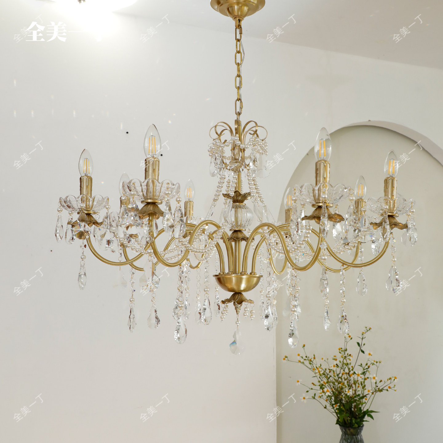 全美一丁法式复古黄铜水晶珍珠吊灯 浪漫水晶蜡烛灯餐厅卧室吊灯,淘宝优惠券,粉丝福利购,淘宝优惠卷