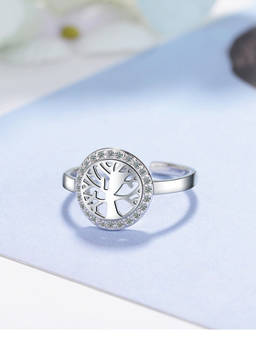 戒指女纯银生命之树指环开口食指戒时尚简约个性首饰外贸饰品