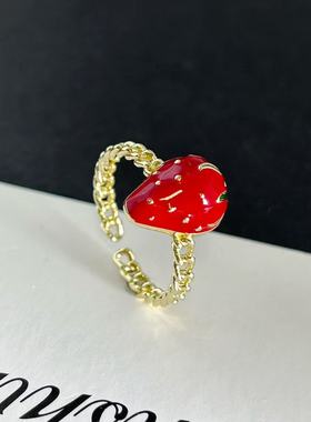 草莓戒指女款红色珐琅滴油水果开口指环可爱甜美高保色镀金饰品
