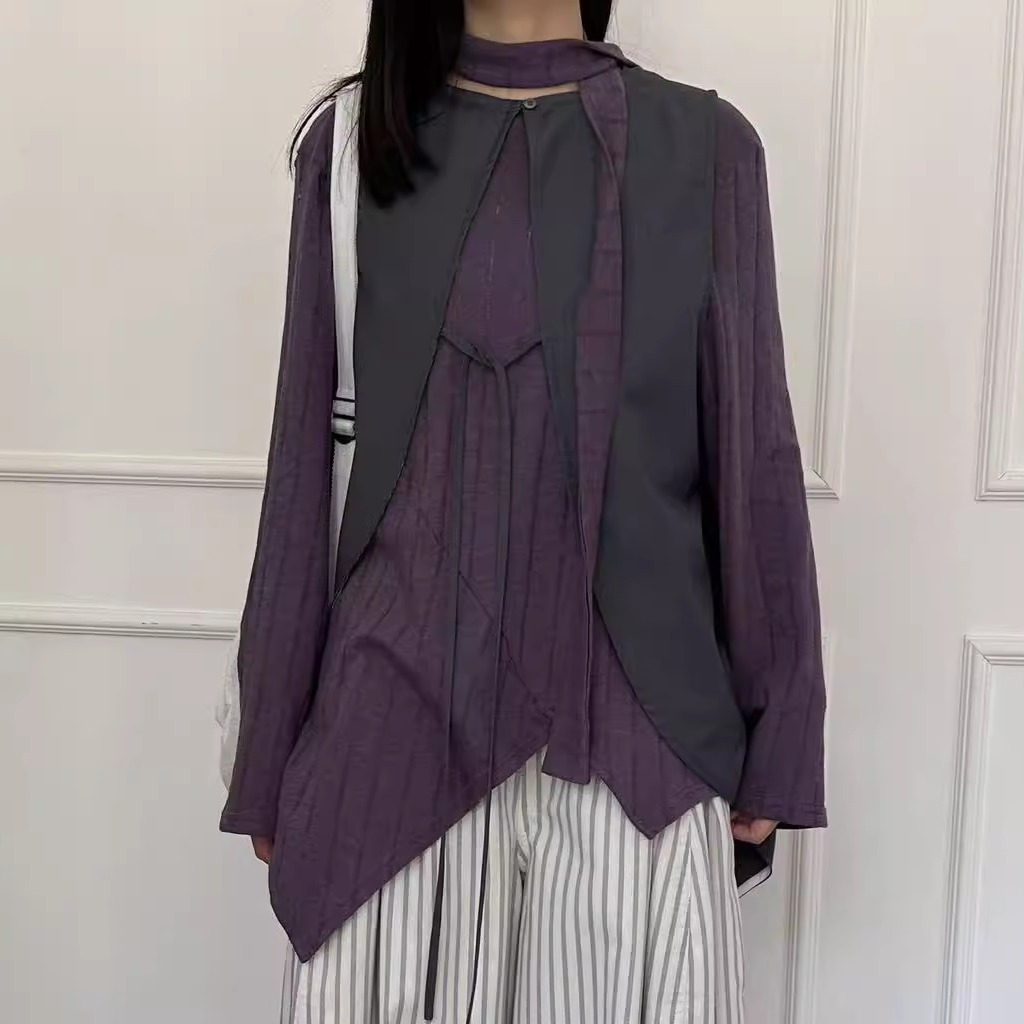 BABESTYLE |“长期主义”轻废土风不规则剪裁显瘦薄针织衫配飘带 - 图2