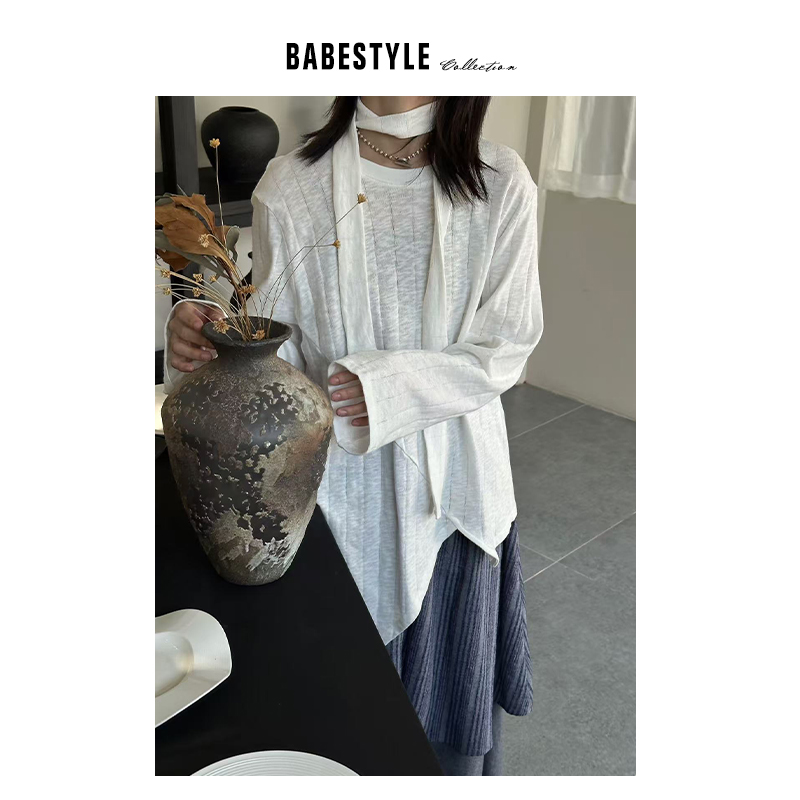 BABESTYLE |“长期主义”轻废土风不规则剪裁显瘦薄针织衫配飘带 - 图0