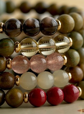 天然绿檀木手串女朱砂水晶手链