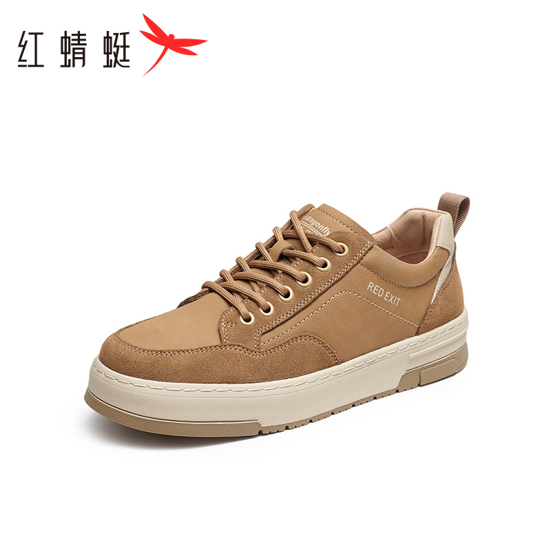 红蜻蜓春秋季男士舒适真皮拼接板鞋圆头休闲轻便透气系带运动鞋男 - 图1