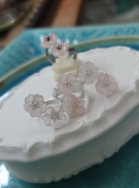 925银镶嵌粉色水晶樱花 白色水晶梨花 开口款戒指可调大小