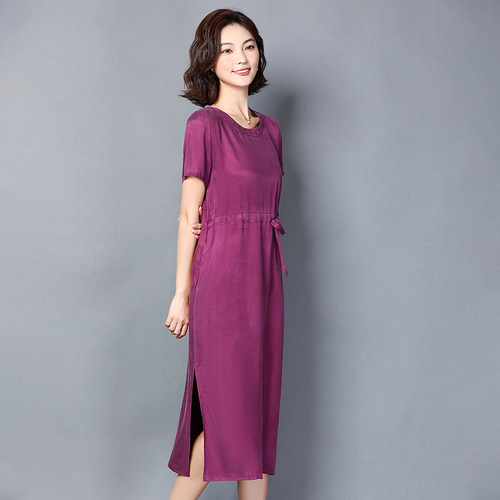 重磅真铜氨丝妈妈装宽松显瘦气质连衣裙纯色收腰七分袖短袖长裙夏 - 图2