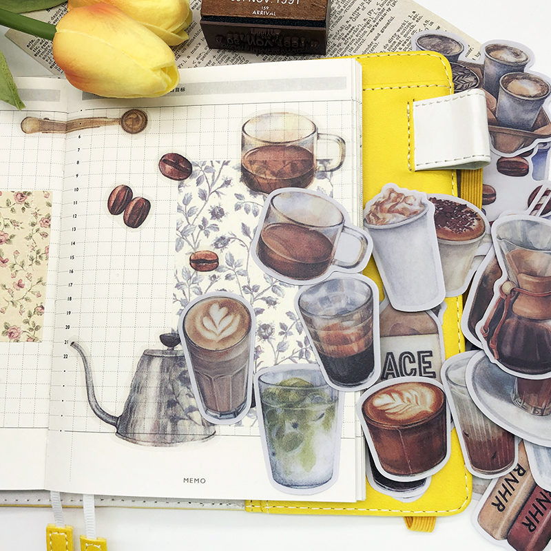 很文艺的咖啡手帐本贴纸素材包 套装复古小清新透明食物日记装饰 - 图0