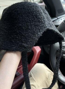 日系慵懒风毛绒系带盆帽女秋冬护耳保暖大头围可扎马尾毛线渔夫帽