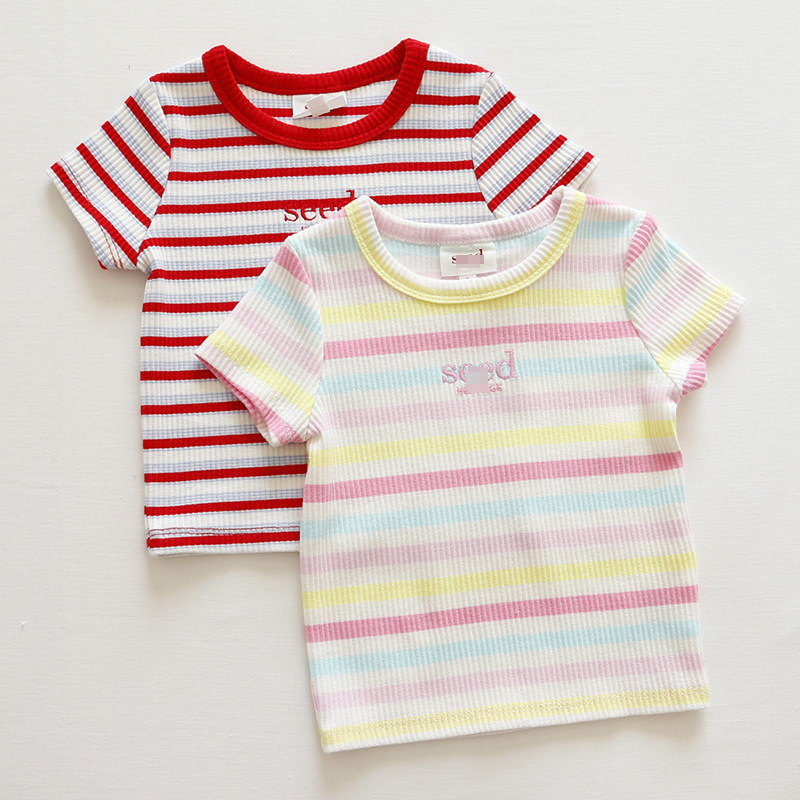澳S*原尾女童彩条短袖T恤刺绣圆领打底衫女孩子四季通用高弹上衣,淘宝优惠券,粉丝福利购,淘宝优惠卷