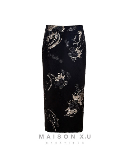 高定设计师品牌 MAISON X.U｜黑金法式优雅金属丝提花半裙包臀裙 - 图3