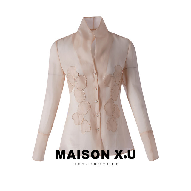 ເສື້ອເຊີດແຂນເສື້ອແຂນຍາວ embroidered hand-sewn MAISONX.U French stand collar shirt for women