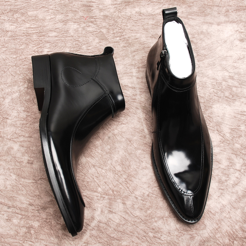 英伦风切尔西靴亮皮高帮皮鞋男士马丁潮流靴子尖头拉链短靴男加绒 - 图0