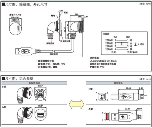 USB转接线面板安装型90弯头连接线母座转接头22mm孔穿板MSDD90350 - 图2