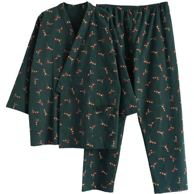 情侣睡衣秋磨毛纯棉日式和风女清新和服家居服男长袖全棉套装 虎窝淘