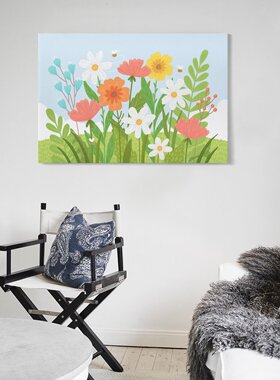 花朵背景手绘ins风插画房间客厅卧室背景墙帆布无框画装饰挂画