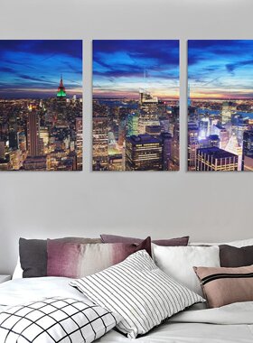 美国New York纽约城市天际线背景墙帆布无框画三联组合装饰挂画